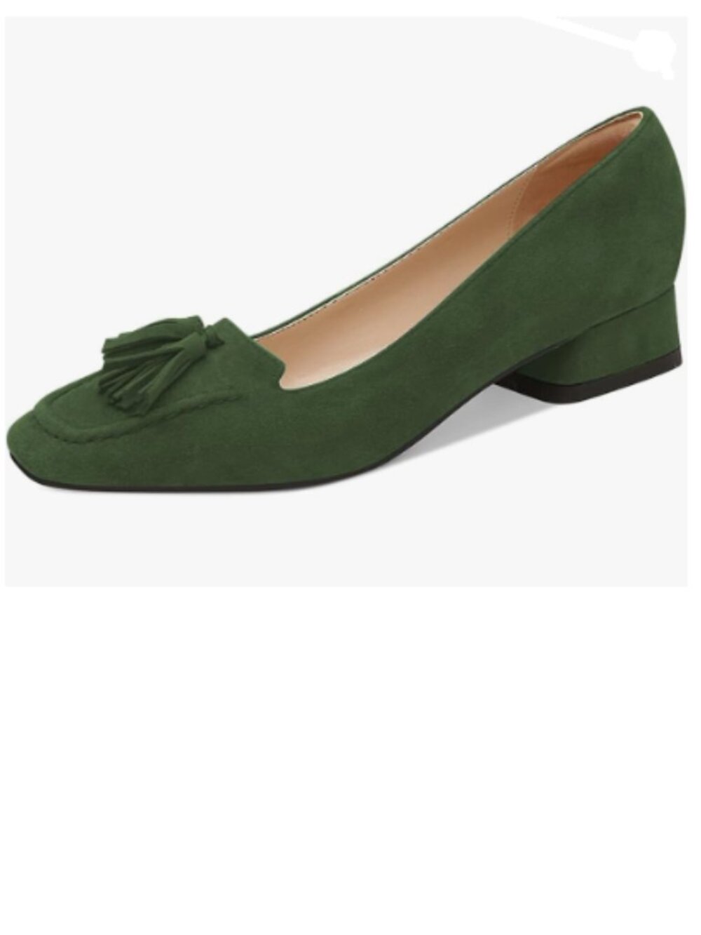 YDN Dark Green Block Low Heel Loafer Square Toe Tassel Fringe Slip On Dress Pump